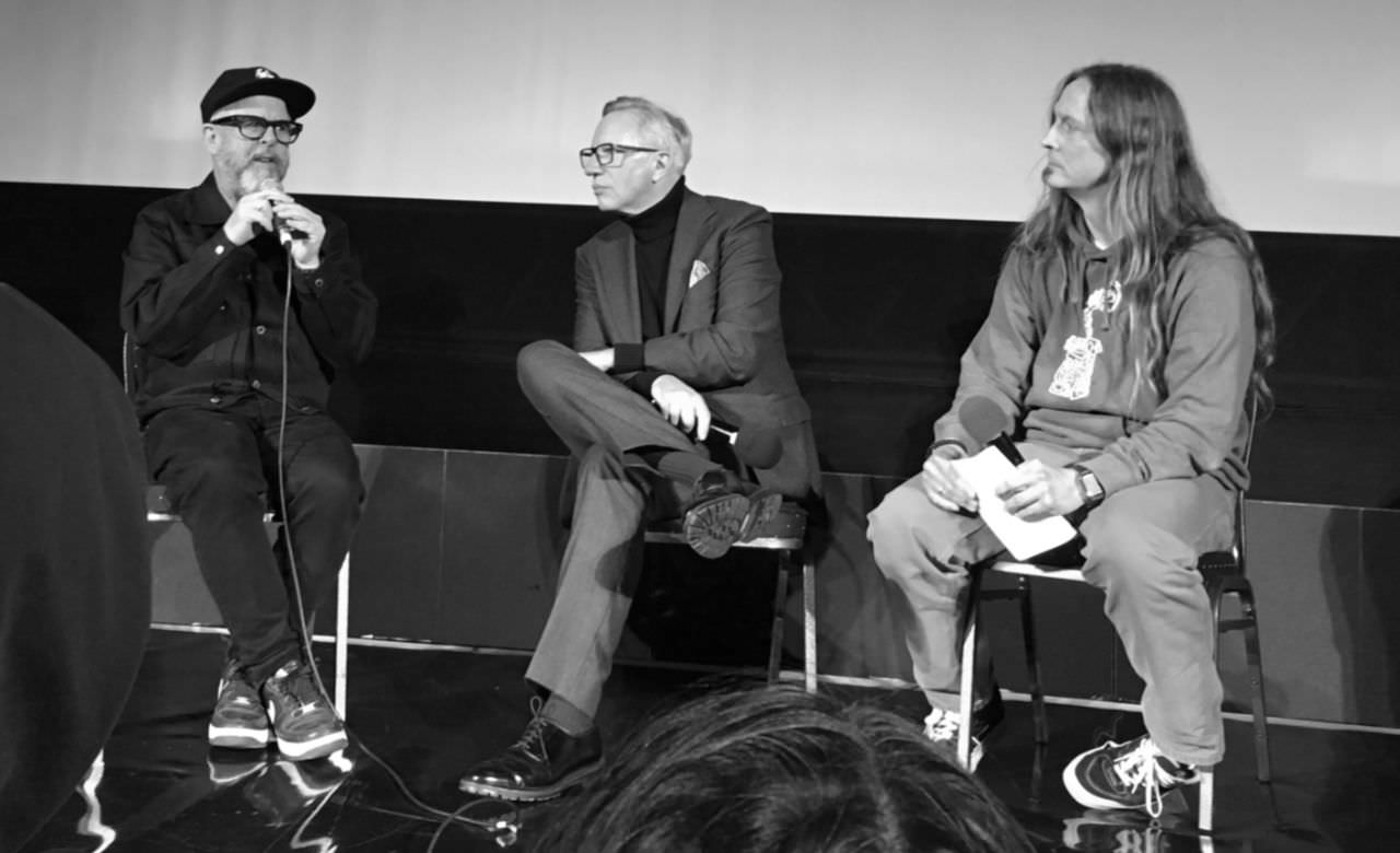 A black and white photo of the q&a session after the screening. On stage – from ltr – Gary Hustwit, Brendan Dawes and me, Marc Thiele