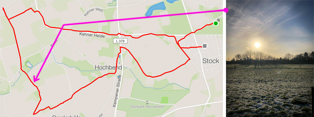 Collage of two images - on the left the map of the run I made, one the right a photo of the sun rising above a frosty field