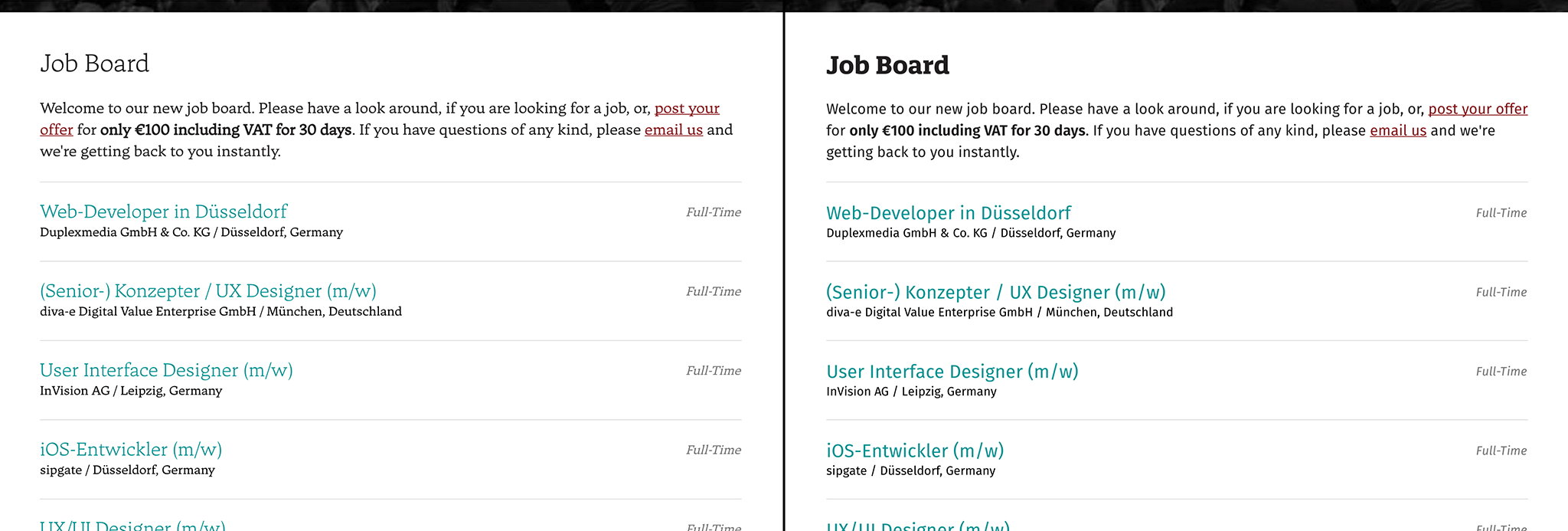 Screenshot of job list on beyond tellerrand job board