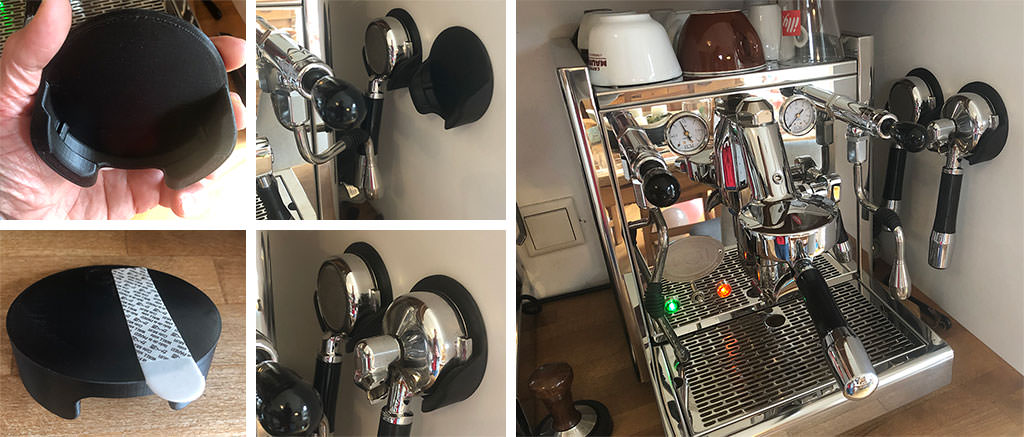 A collage of photos showing how I mounted my Portakeeper onto the wall to hold my portafilters.