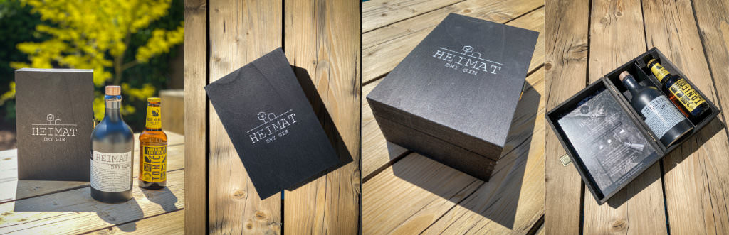 A collage of photos showing the lovely packaging of “Heimat”, a local gin from Schweigern