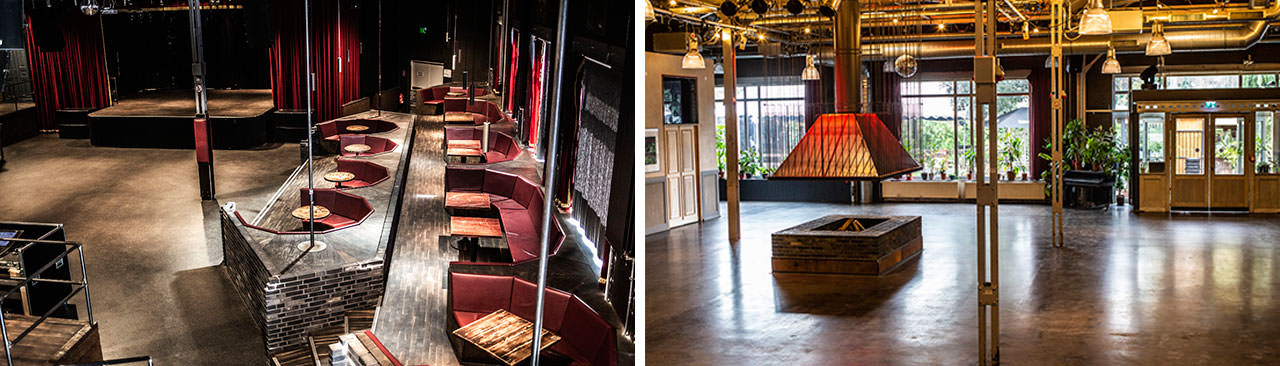 Two photos in a collage showing the new venue, left one with the exhibition space, a fireplace in the center and right one shows the seating situation in the theatre